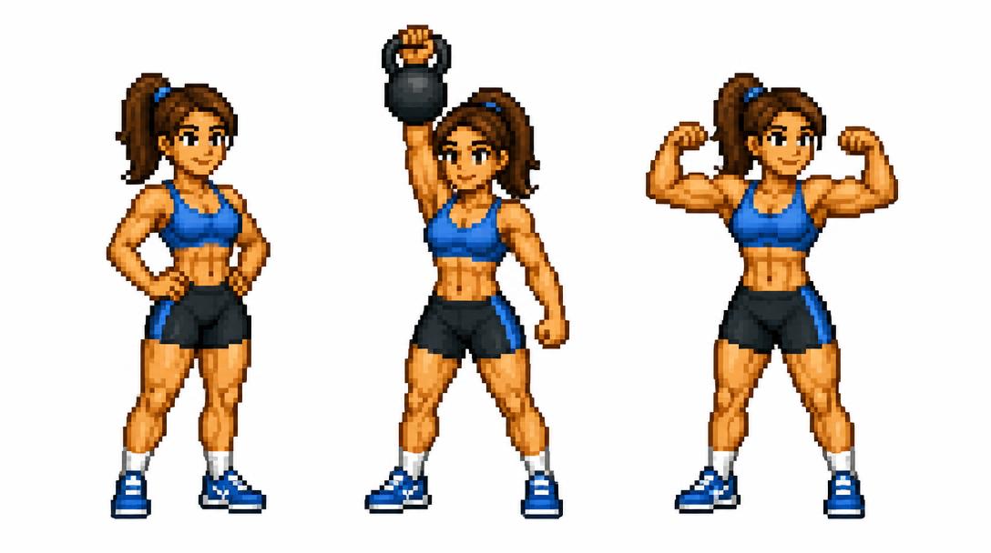 Example gym character shown standing, lifting and flexing